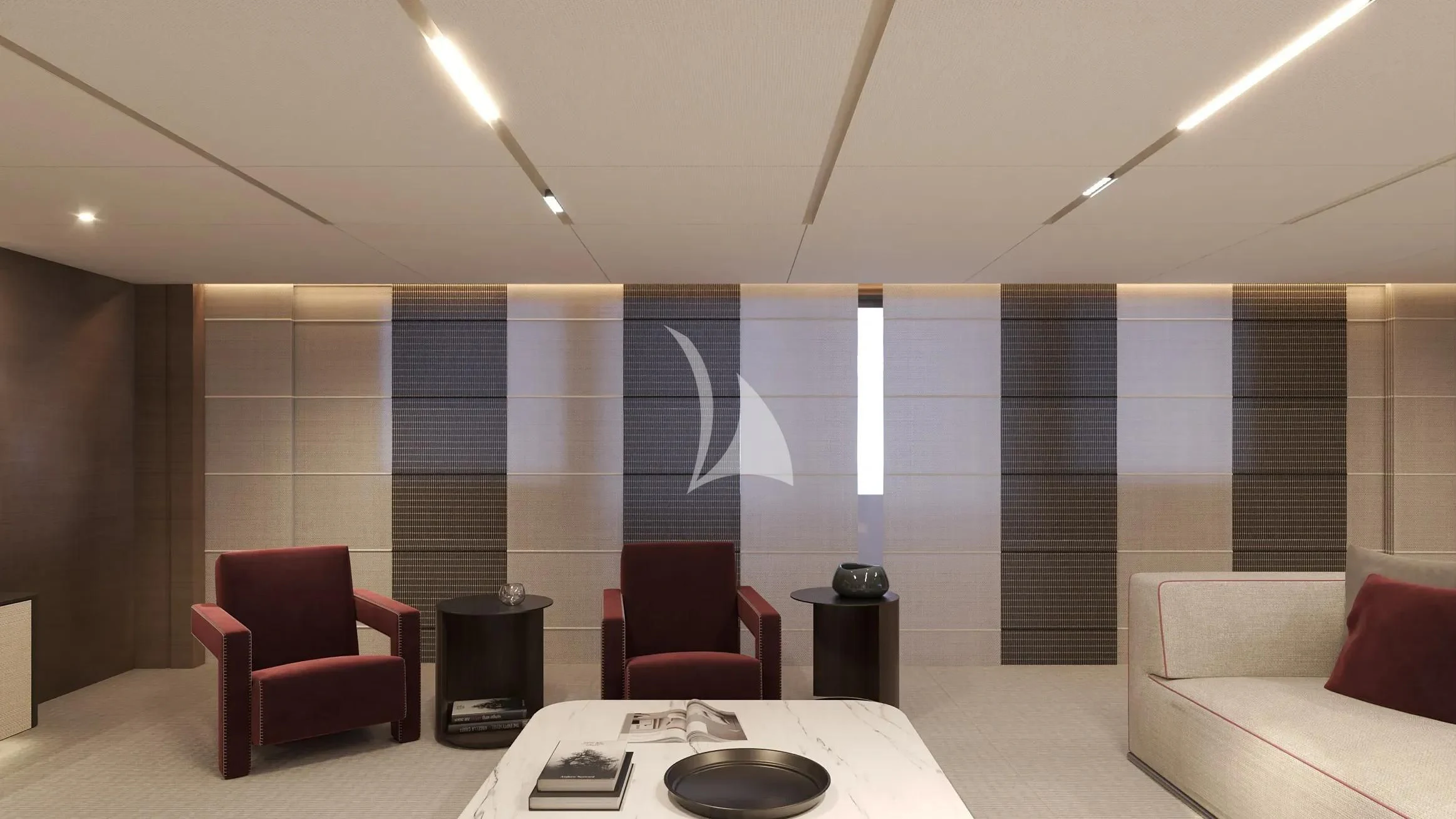 a room with a table chairs and a large window aboard NAIA Yacht for Sale