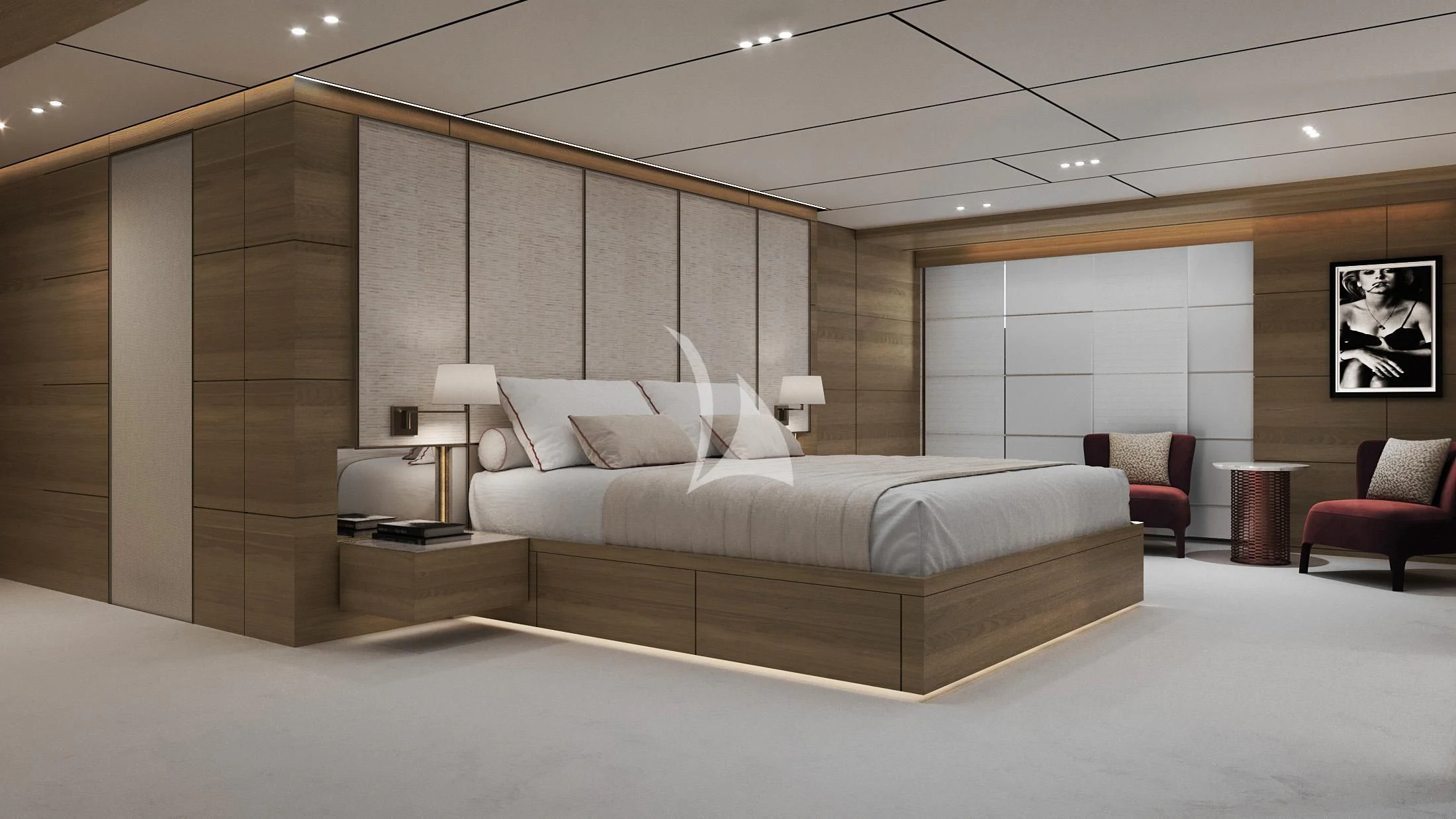 a large bed in a room aboard NAIA Yacht for Sale