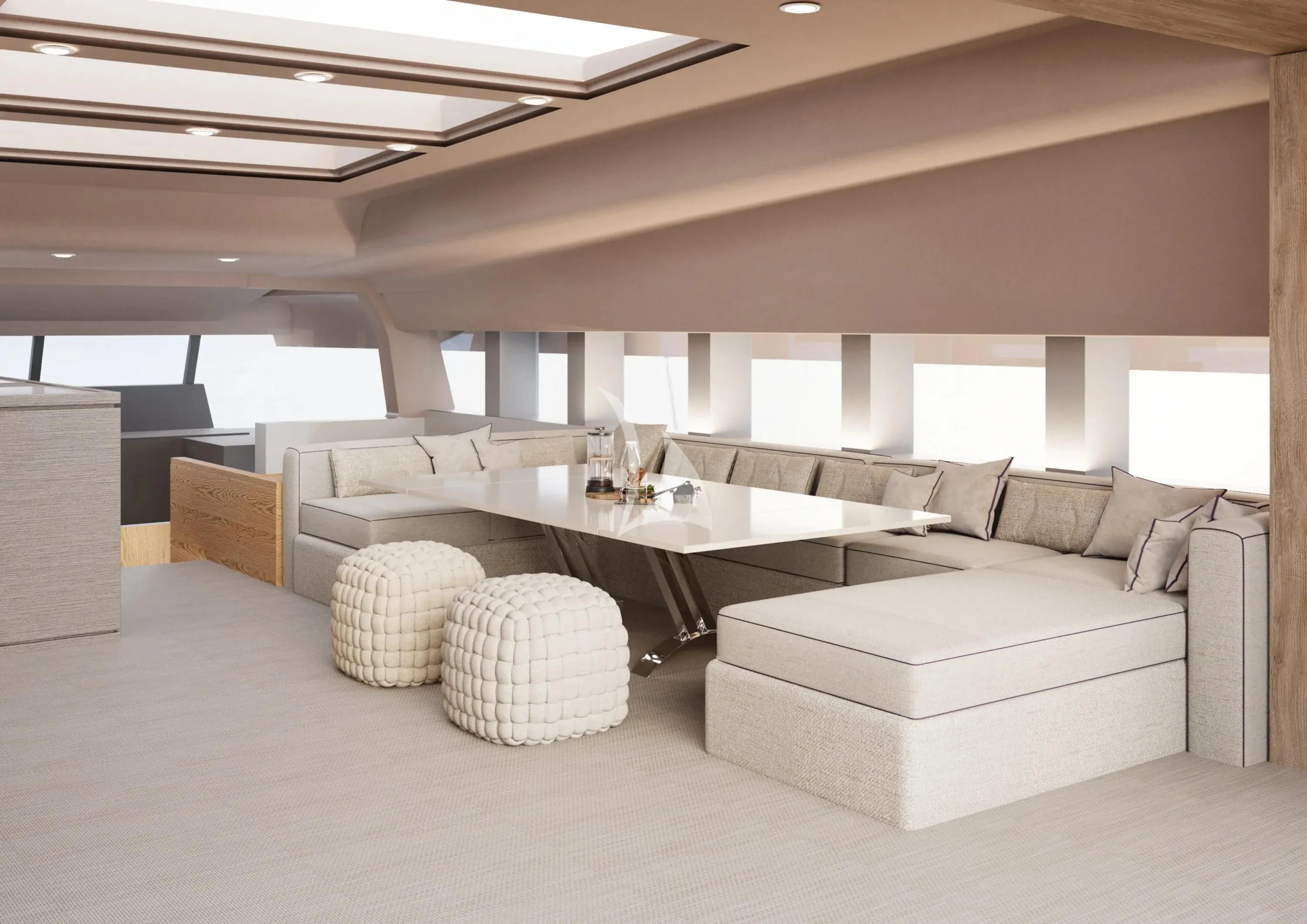 a large room with a couch and a table aboard NAIA Yacht for Sale