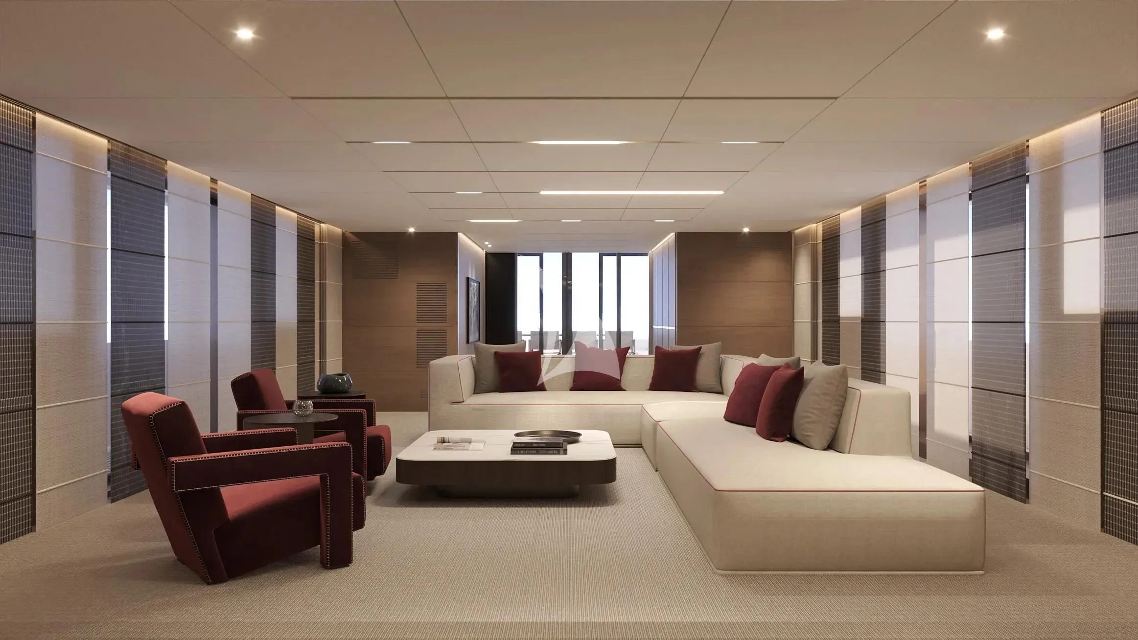 a large room with a bed and a table aboard NAIA Yacht for Sale