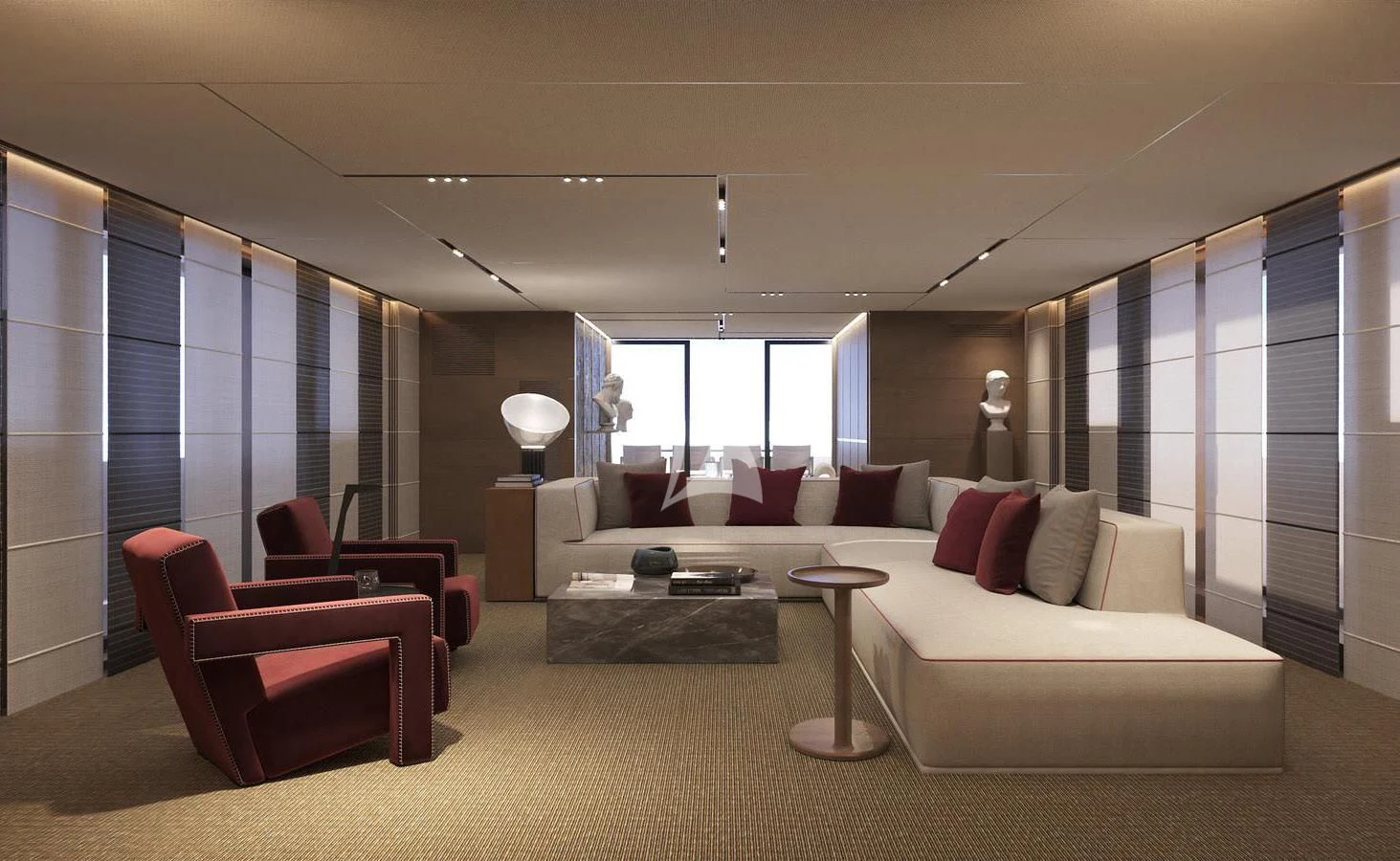 a living room with a couch and a table aboard NAIA Yacht for Sale