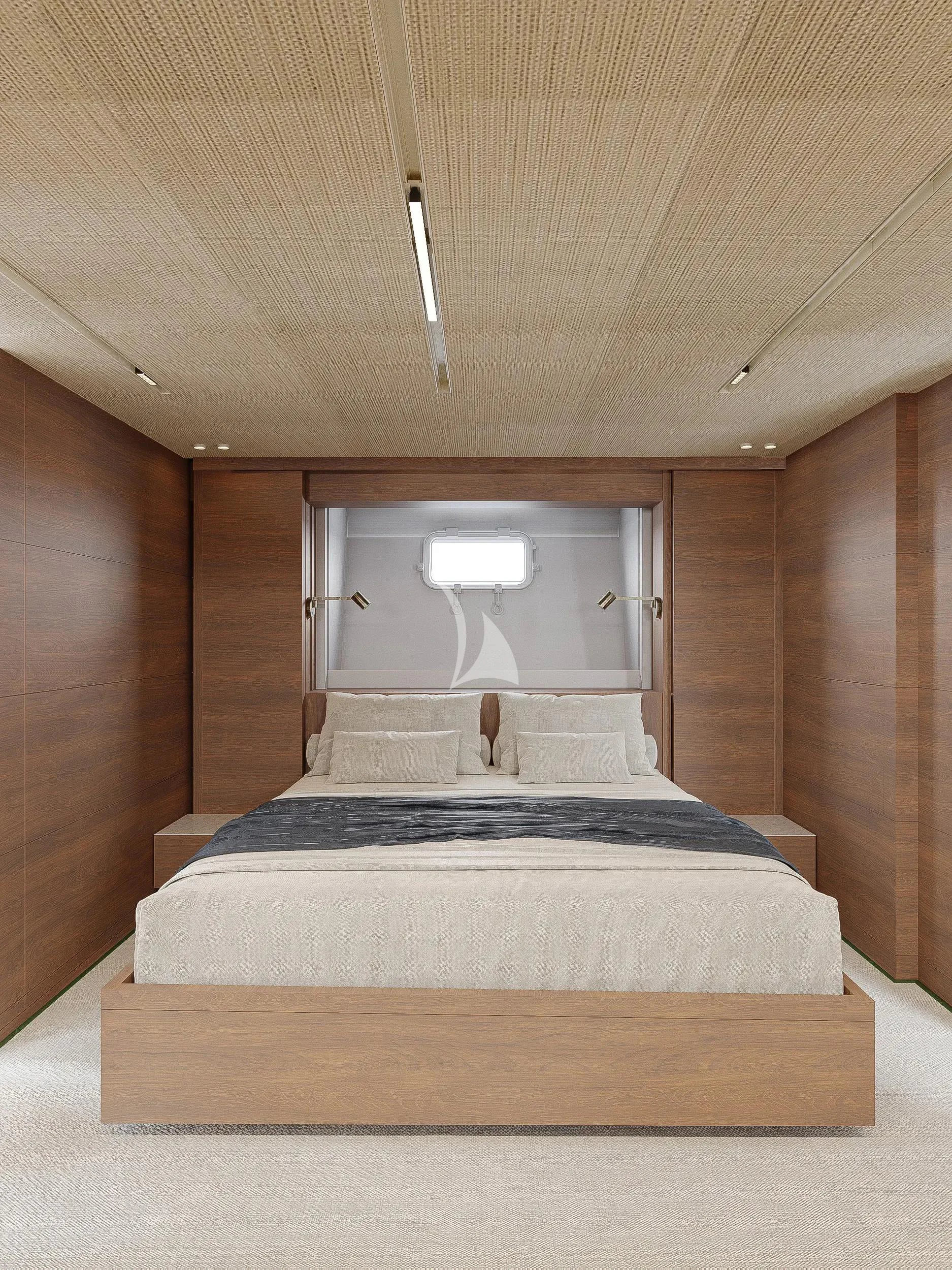 a bed in a room aboard NAIA Yacht for Sale