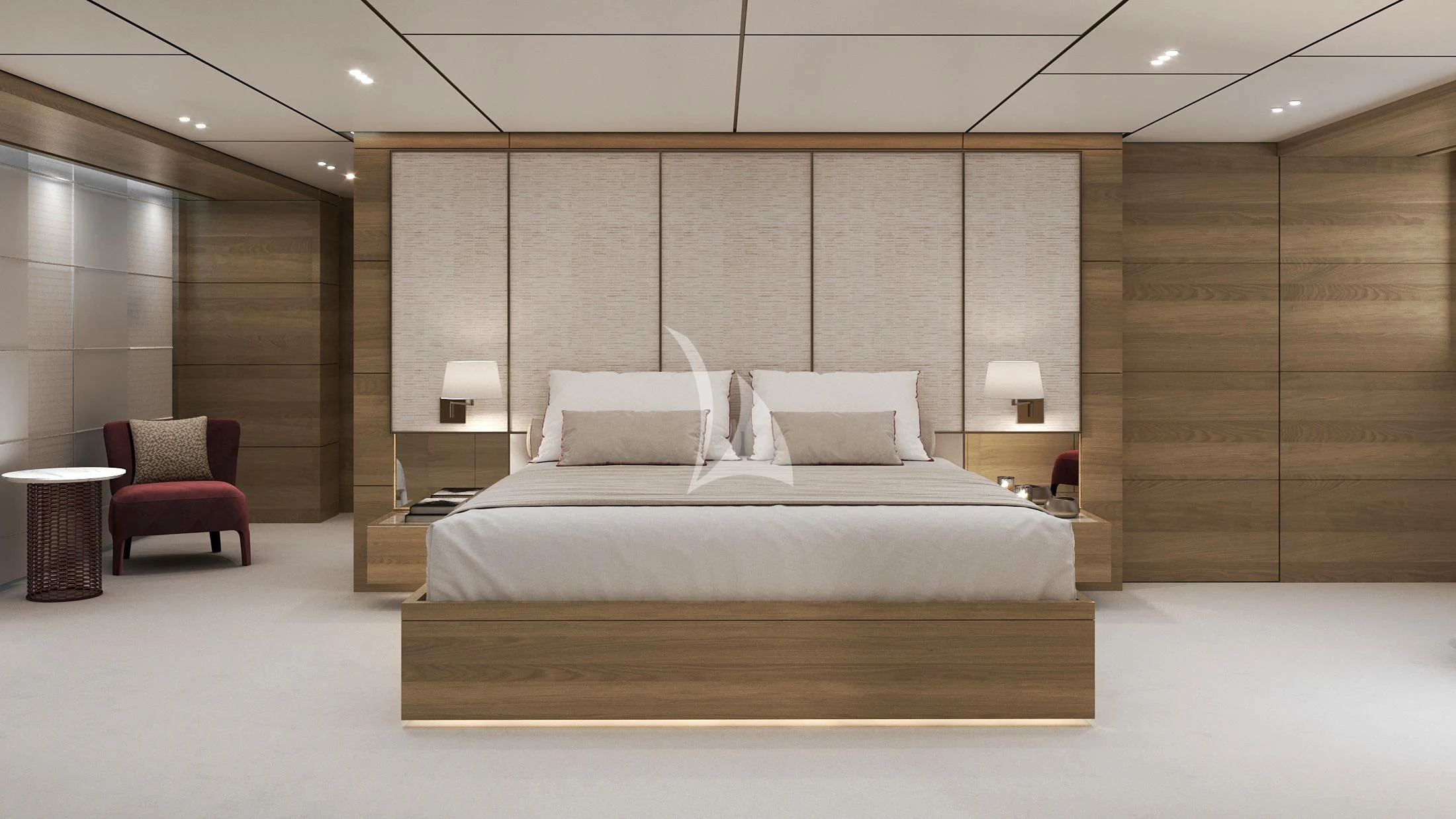 a large bed in a room aboard NAIA Yacht for Sale