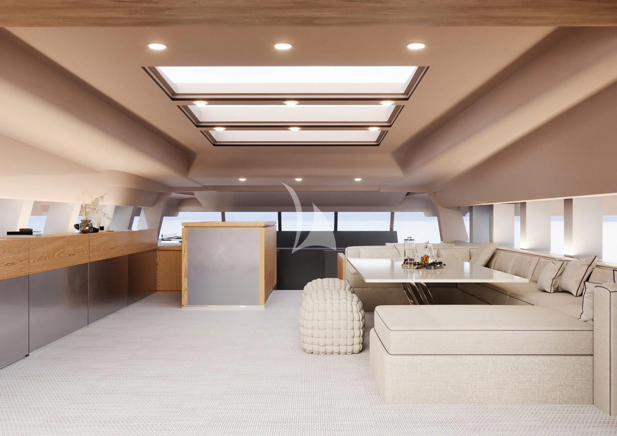 a room with white couches aboard NAIA Yacht for Sale