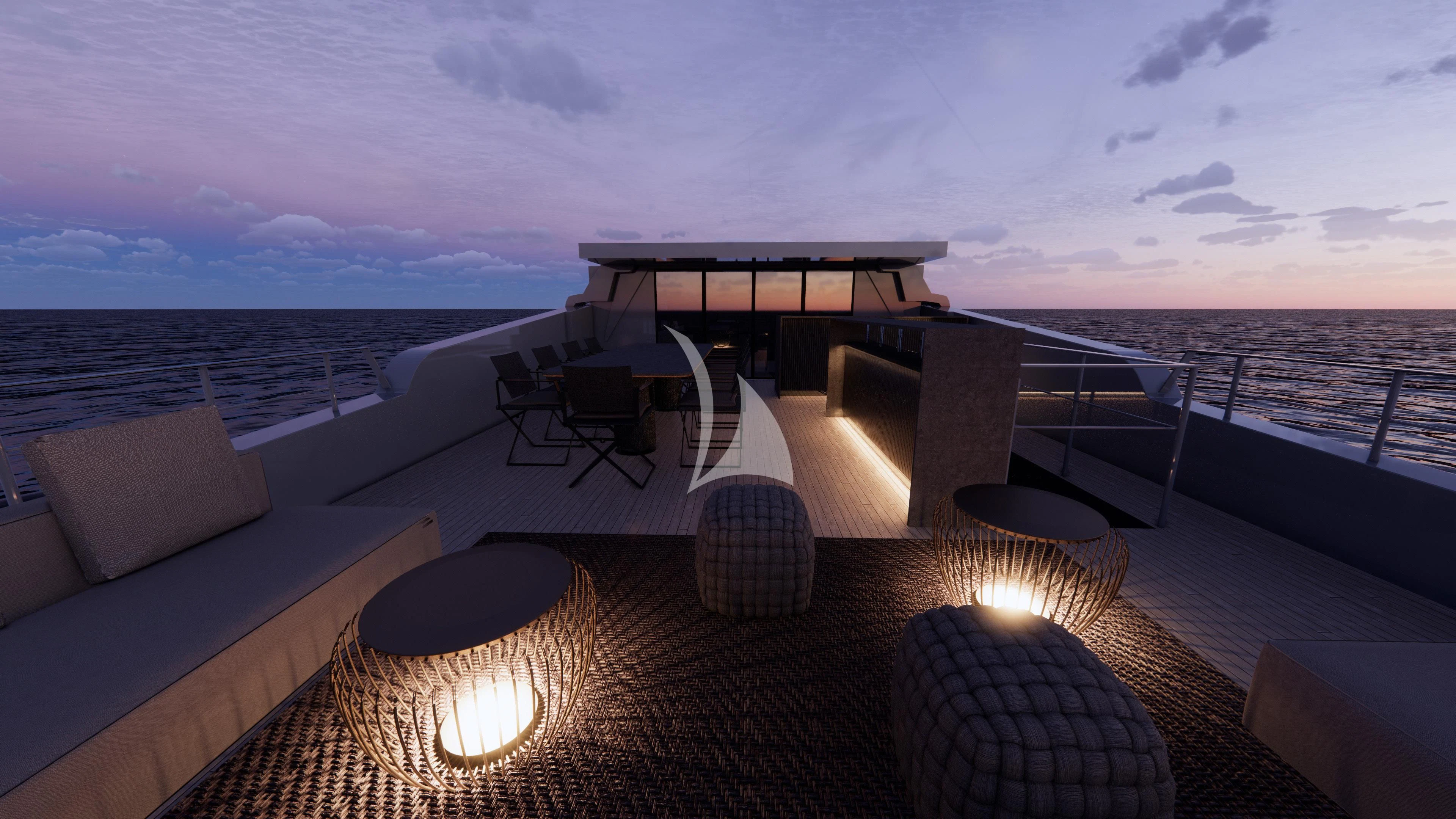 a deck with a view of the ocean and the sun setting aboard NAIA Yacht for Sale