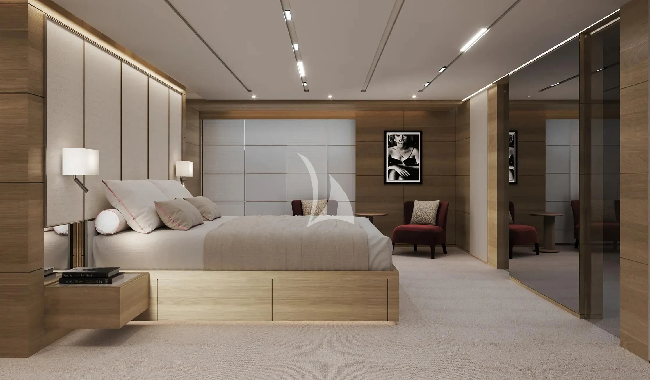 a large living room with a large mirror aboard NAIA Yacht for Sale