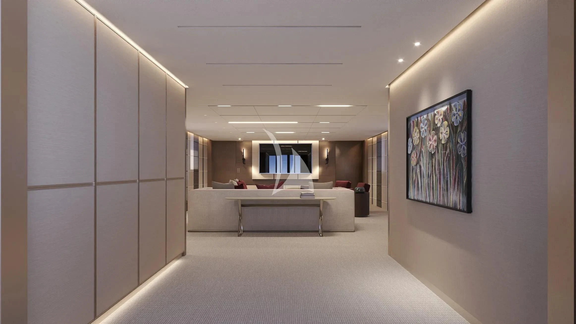 a room with a white couch and a large window aboard NAIA Yacht for Sale