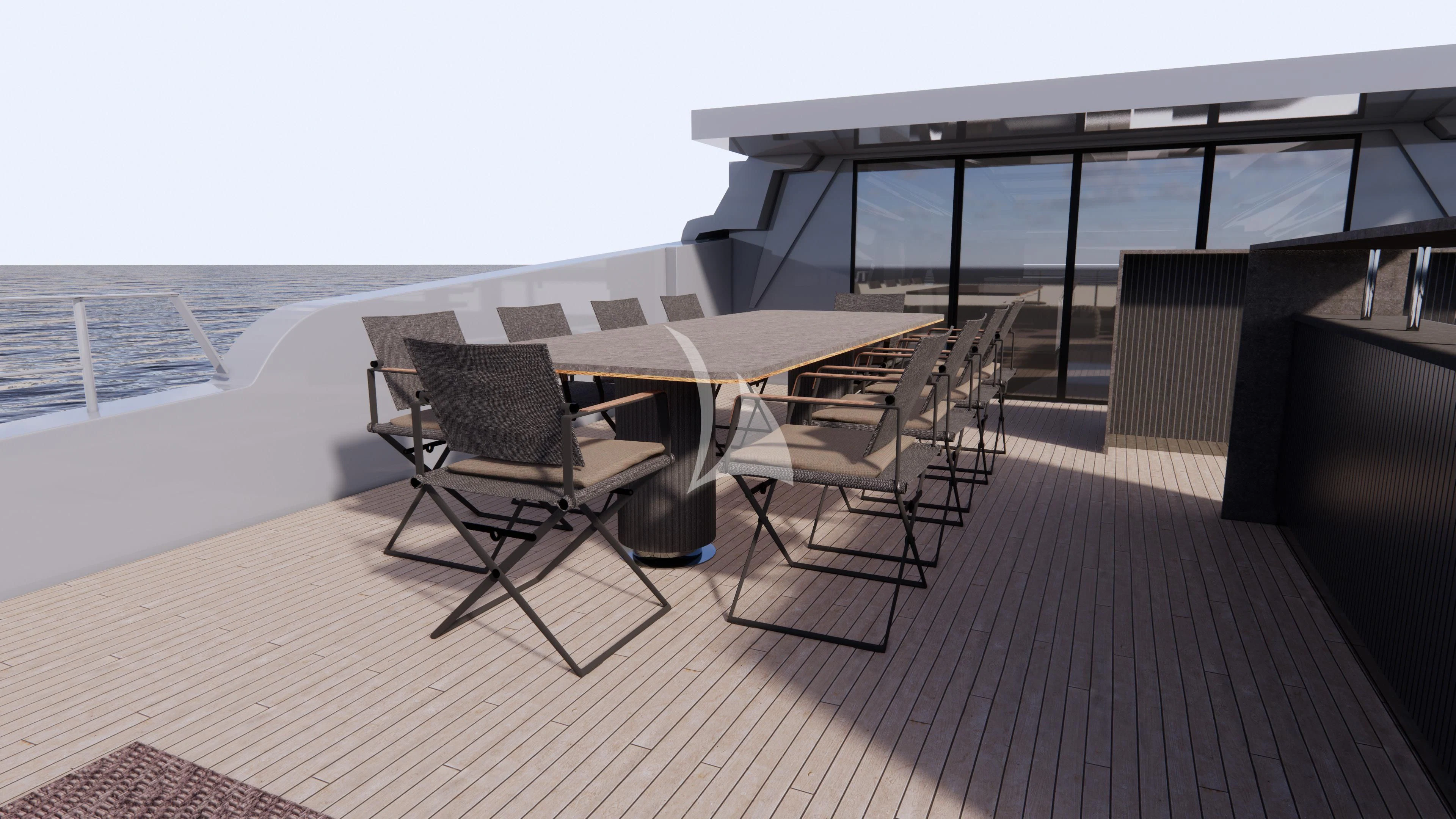 a table and chairs on a deck aboard NAIA Yacht for Sale