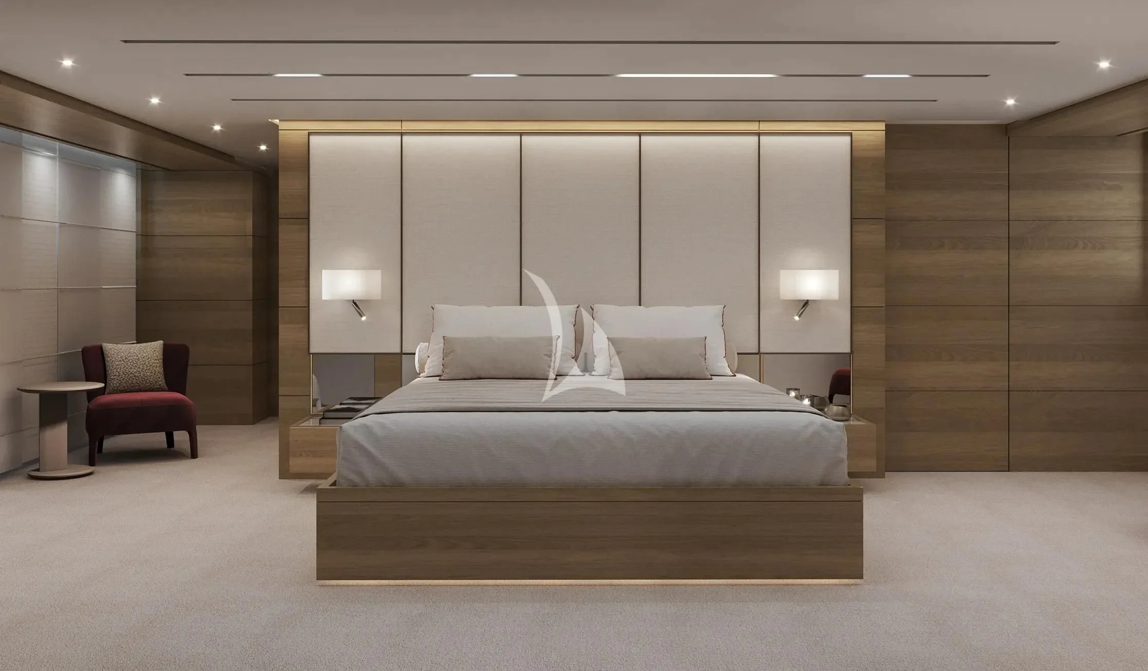 a large bed in a room aboard NAIA Yacht for Sale