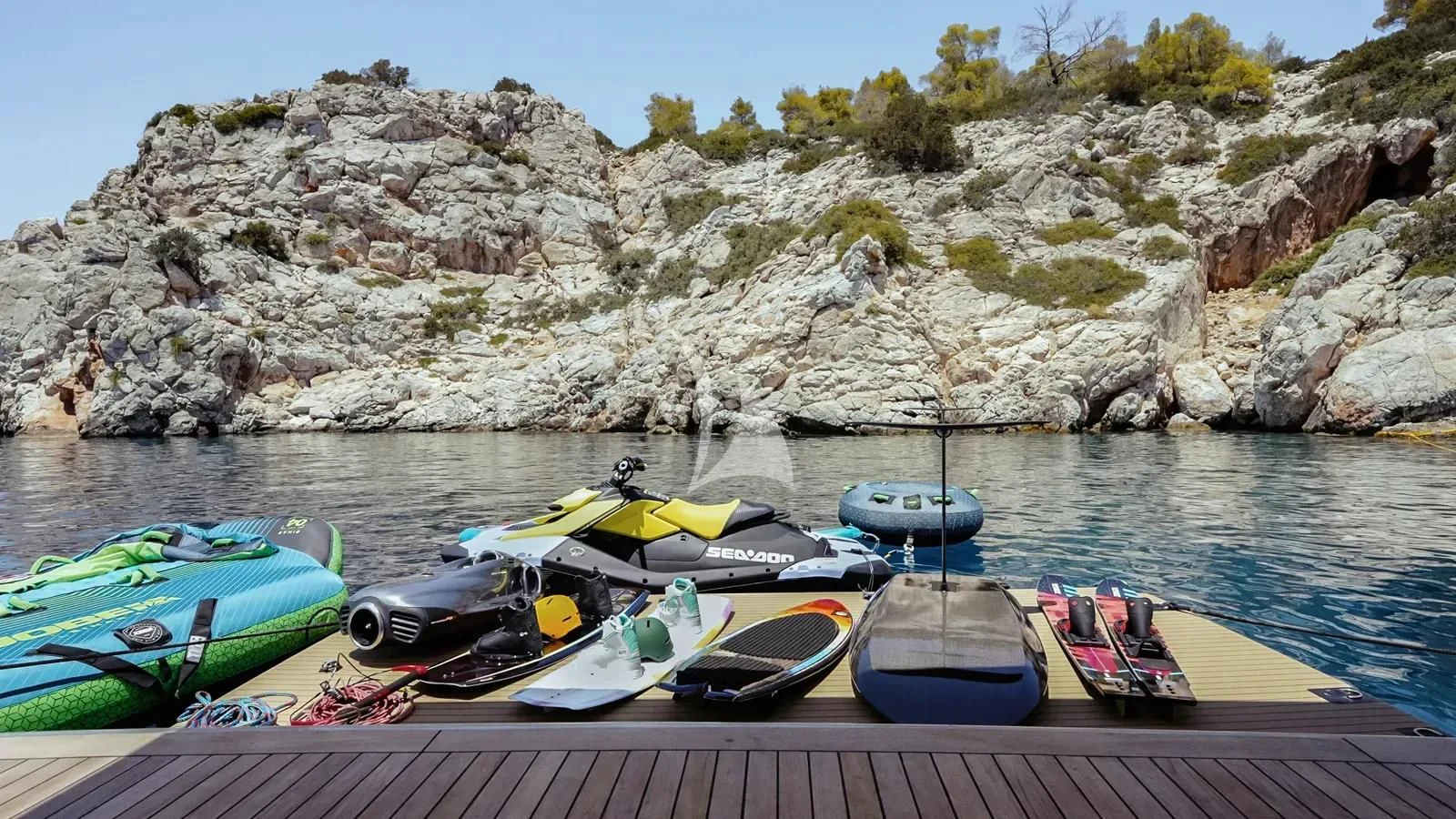 boats on a dock aboard NAIA Yacht for Sale