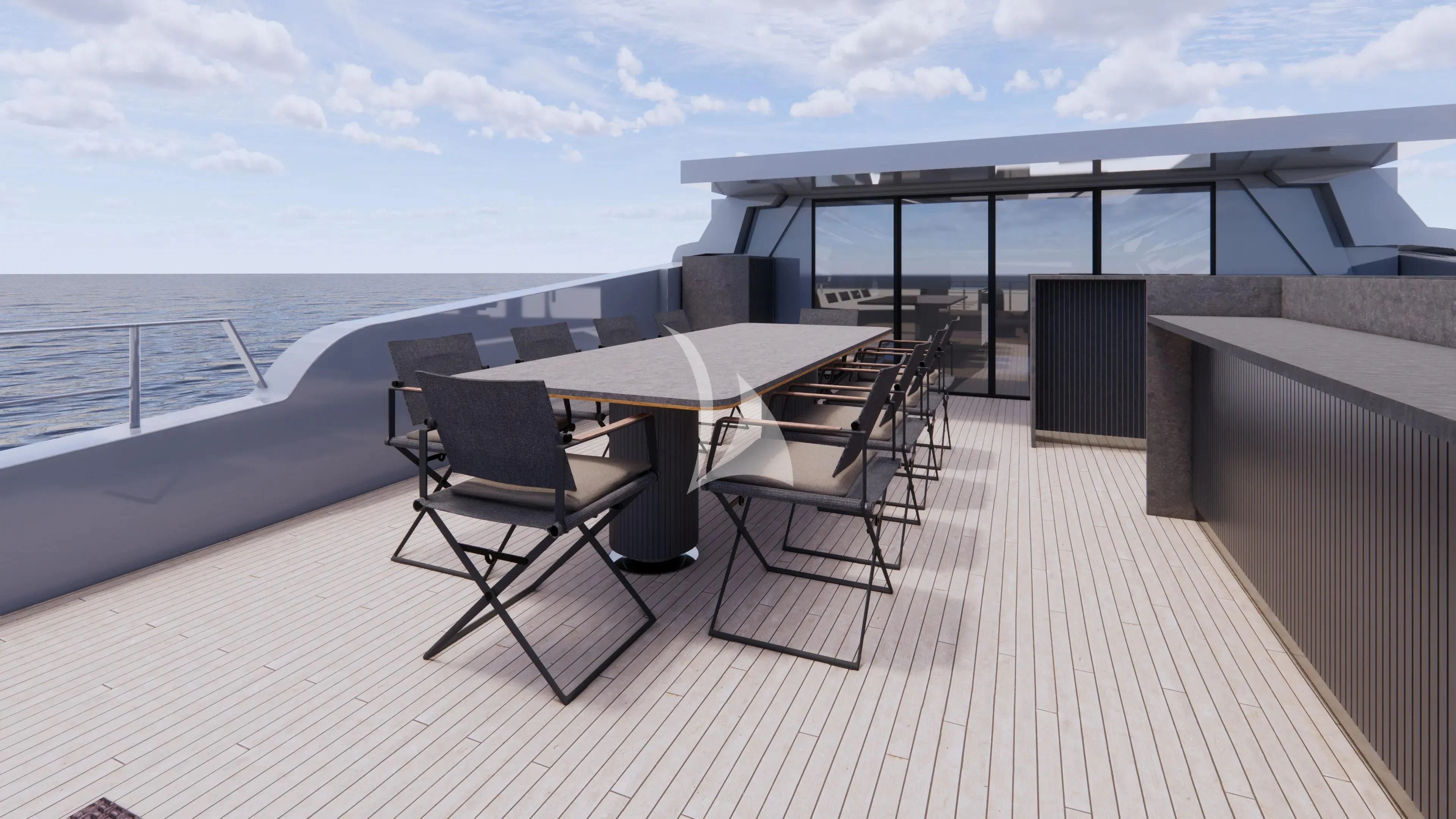 a table and chairs on a deck overlooking a body of water aboard NAIA Yacht for Sale