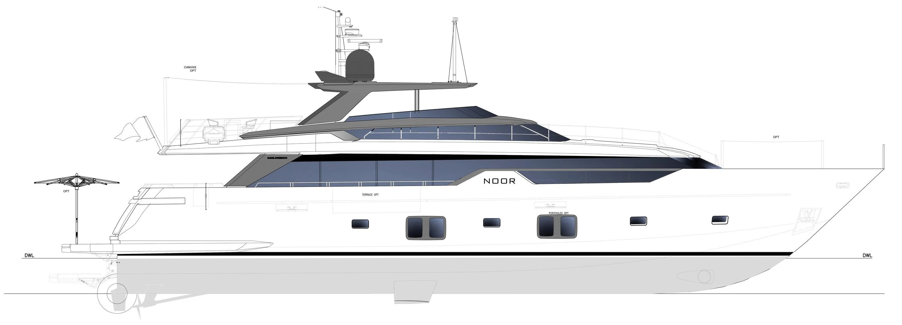 a white and black boat aboard NOOR II Yacht for Charter