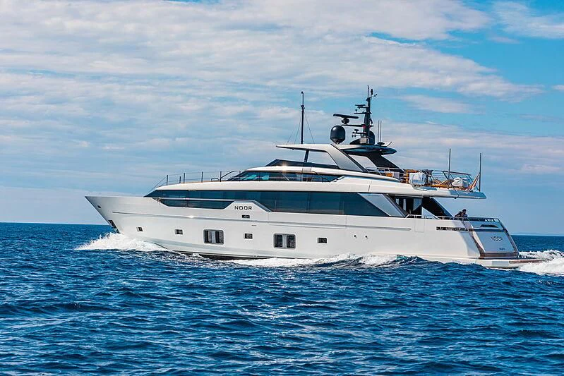 a white yacht on the water aboard NOOR II Yacht for Charter