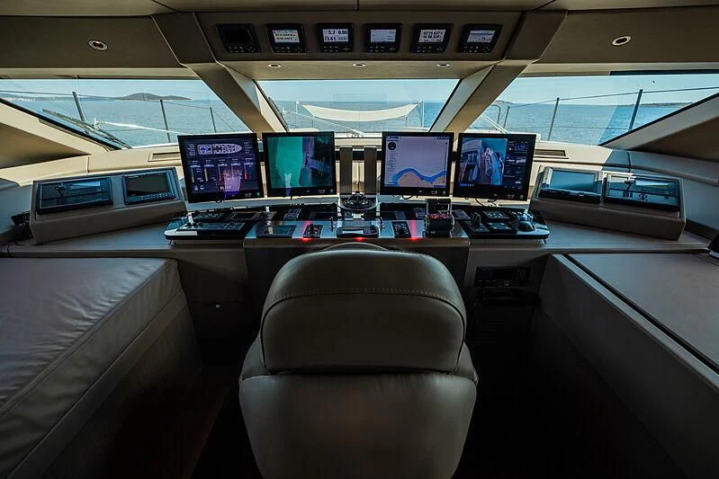a room with many monitors and computers aboard NOOR II Yacht for Charter