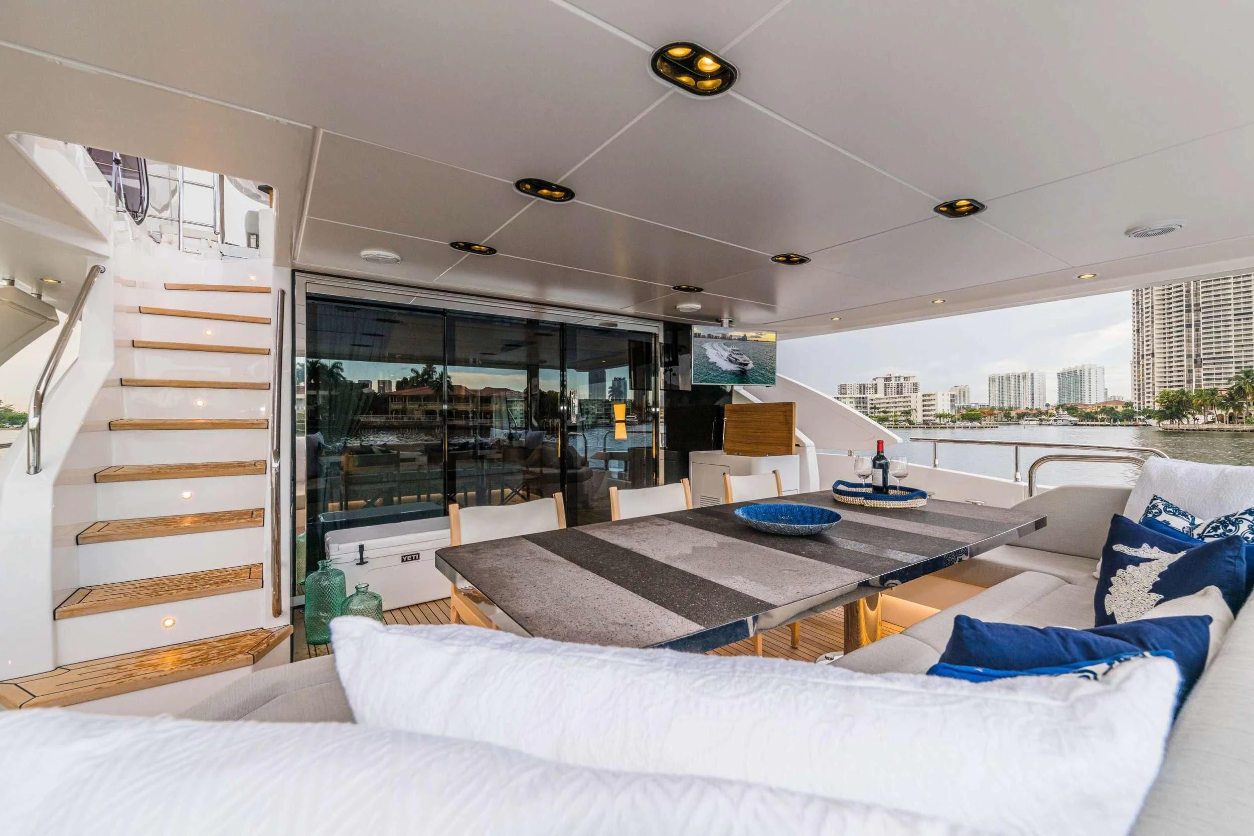 a modern looking living room aboard MAJESTIC MOMENTS Yacht for Sale