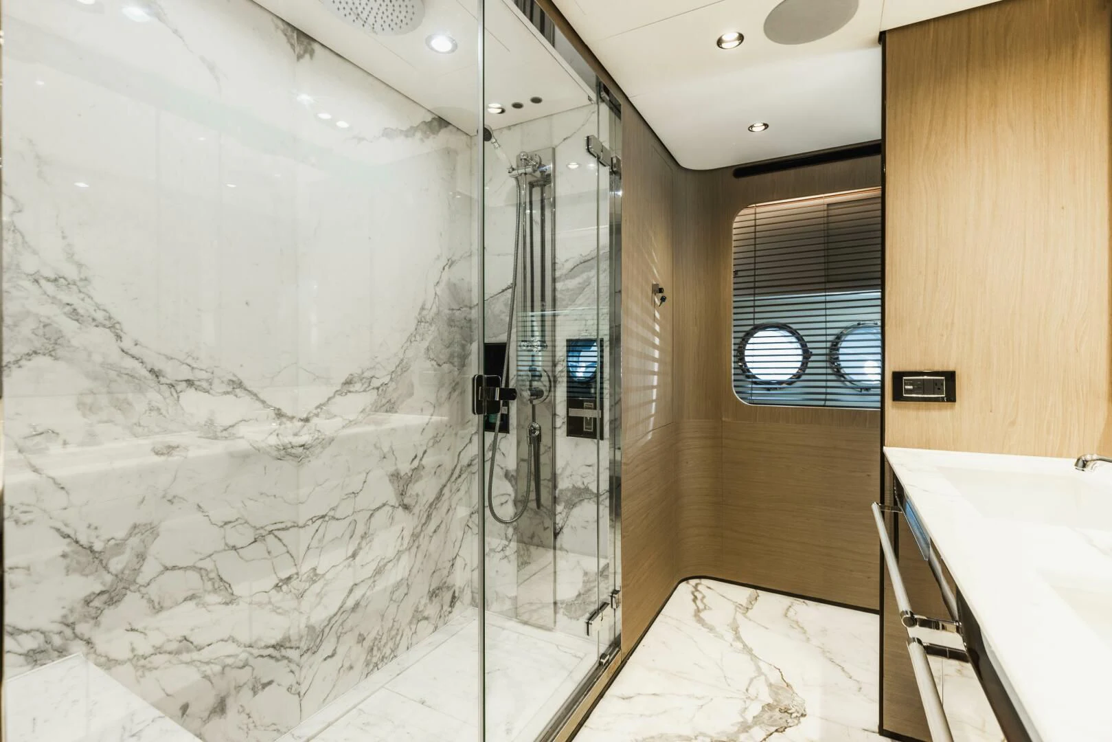a bathroom with a shower aboard MAJESTIC MOMENTS Yacht for Sale