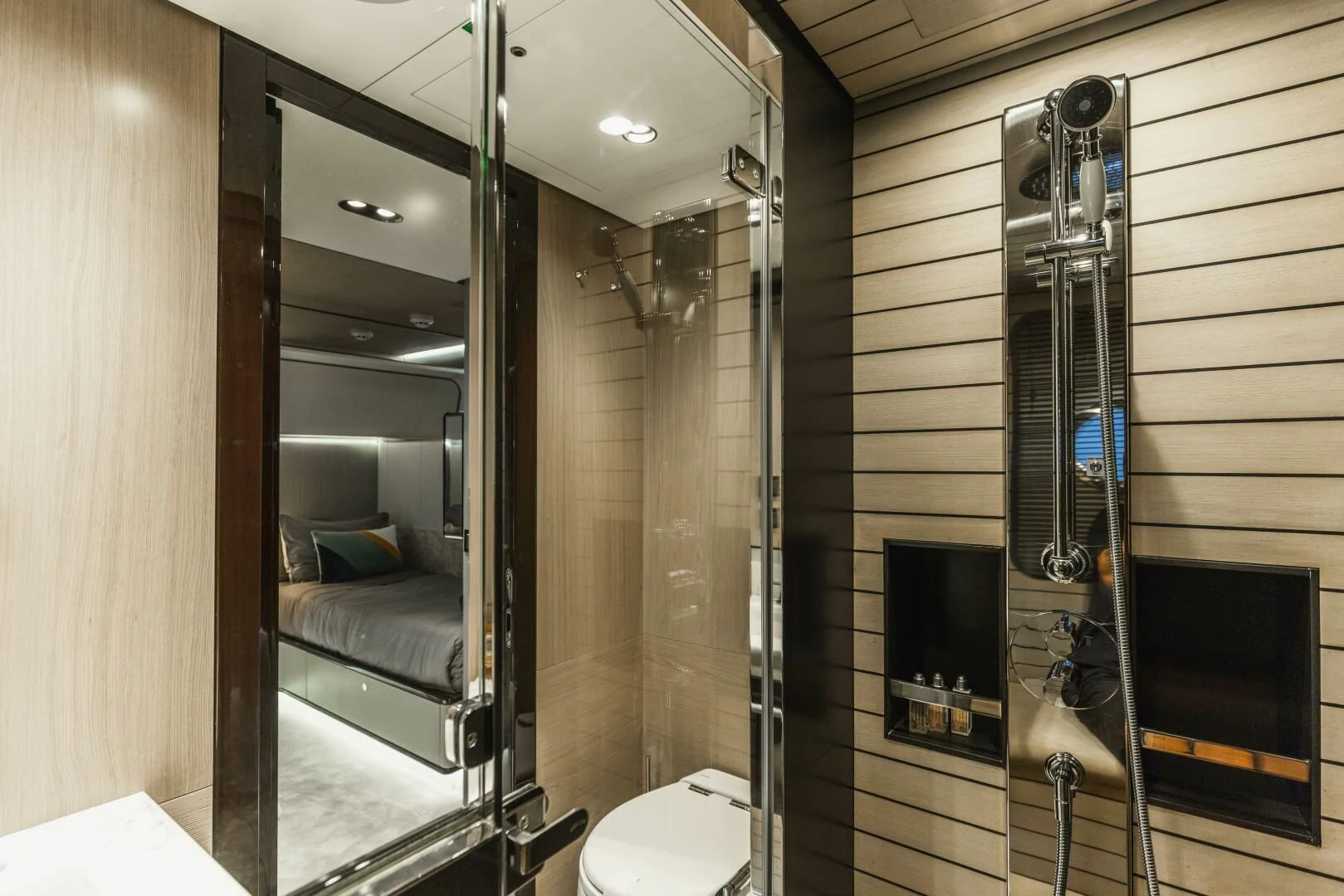 a bathroom with a shower unit aboard MAJESTIC MOMENTS Yacht for Sale