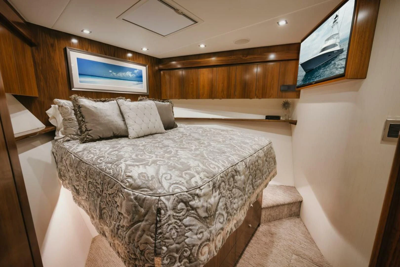 a bed with white sheets aboard WHY WOULDN'T WE Yacht for Sale