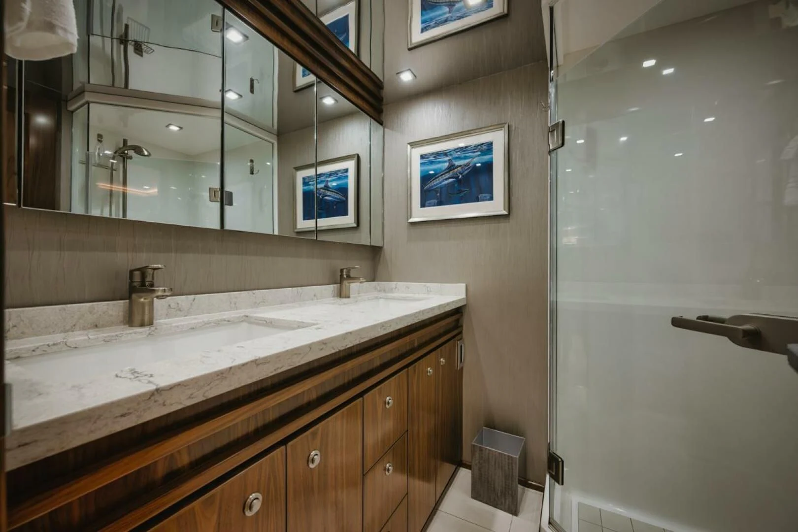 a bathroom with a large mirror aboard WHY WOULDN'T WE Yacht for Sale