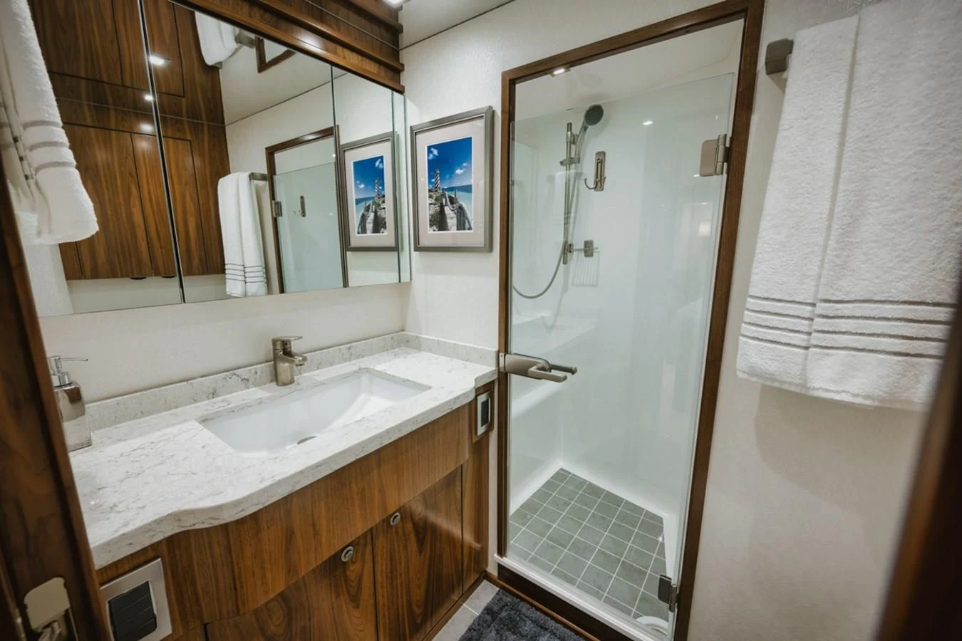 a bathroom with a sink and a shower aboard WHY WOULDN'T WE Yacht for Sale