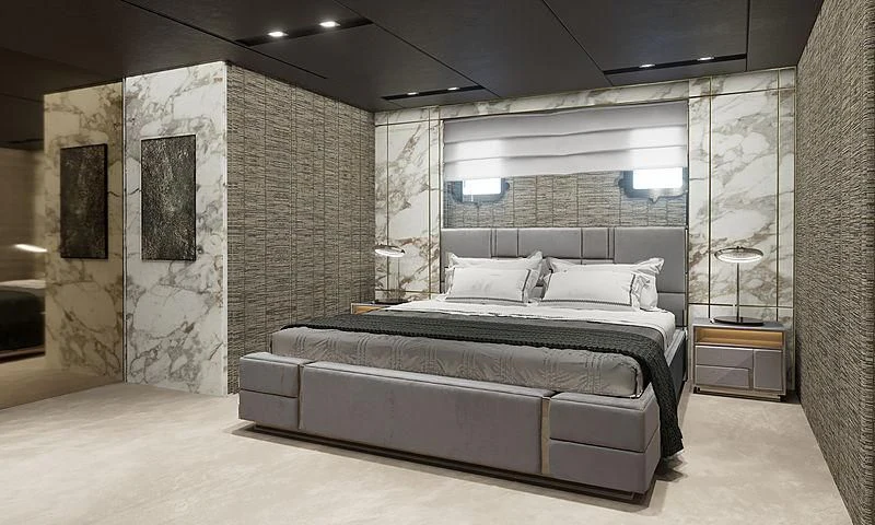 a bed in a room aboard LION Yacht for Sale