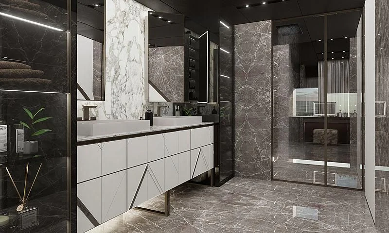 a large bathroom with a marble floor aboard LION Yacht for Sale