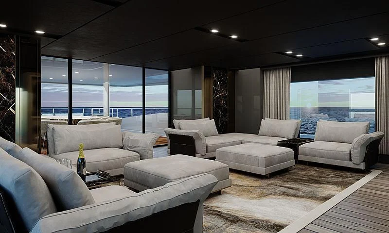 a living room with couches and a table aboard LION Yacht for Sale