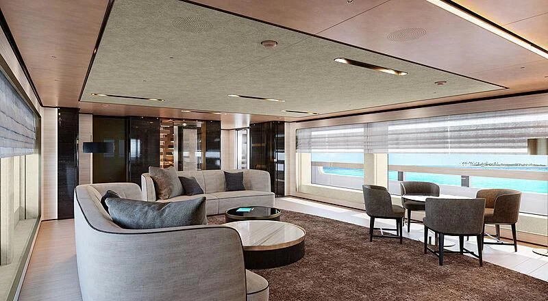 a living room with a large window aboard LION Yacht for Sale