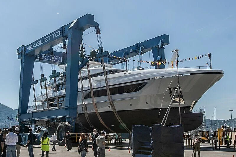a large boat with a crane aboard LION Yacht for Sale