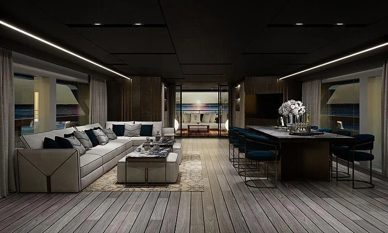 a living room with a couch and a table aboard LION Yacht for Sale