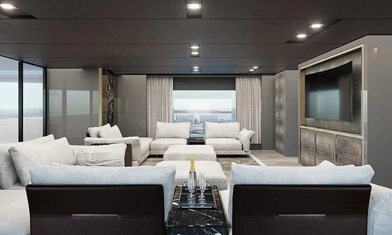 a living room with a large screen aboard LION Yacht for Sale