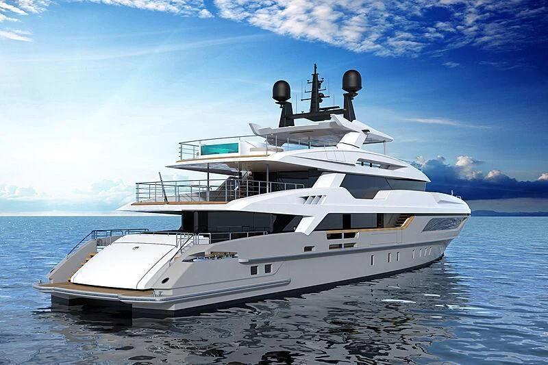 a white yacht on the water aboard LION Yacht for Sale