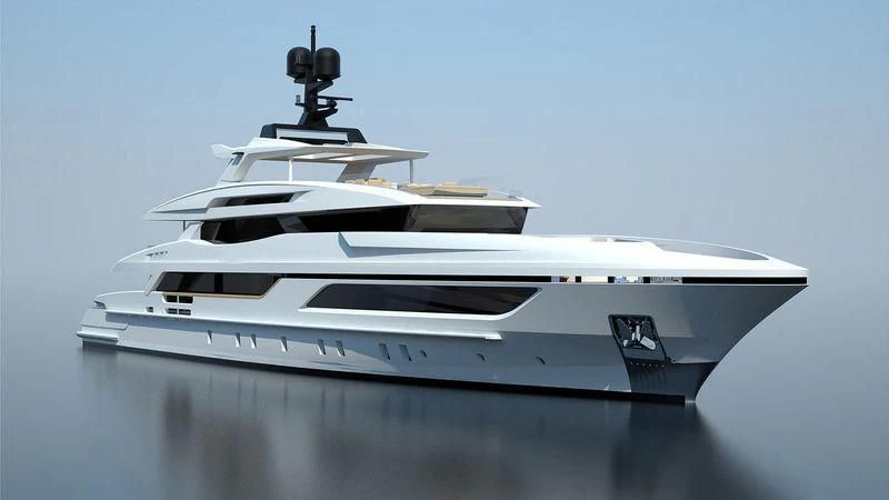 a white yacht with a black and white design on it aboard LION Yacht for Sale