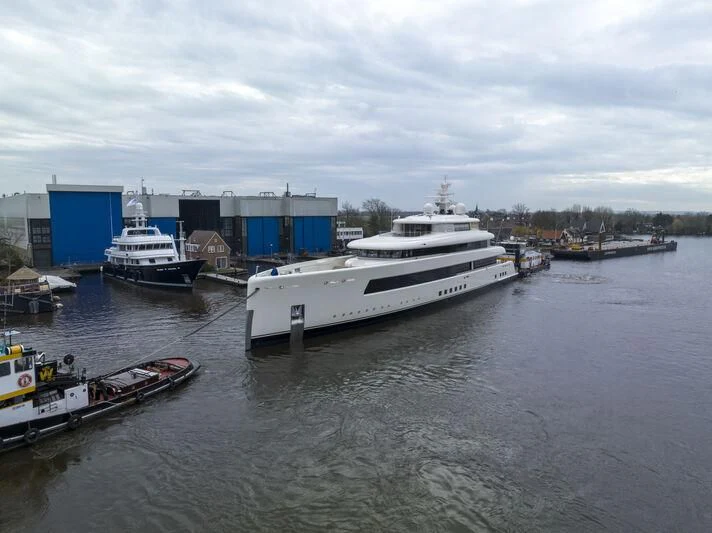 a group of boats are parked in a harbor aboard SIBELLE Yacht for Sale
