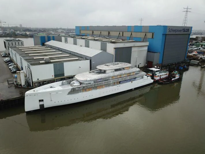 a large ship docked aboard SIBELLE Yacht for Sale