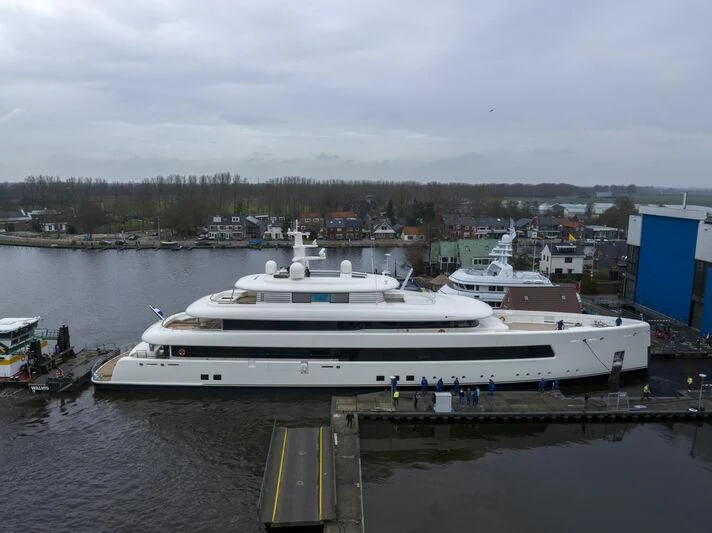 a large ship docked aboard SIBELLE Yacht for Sale