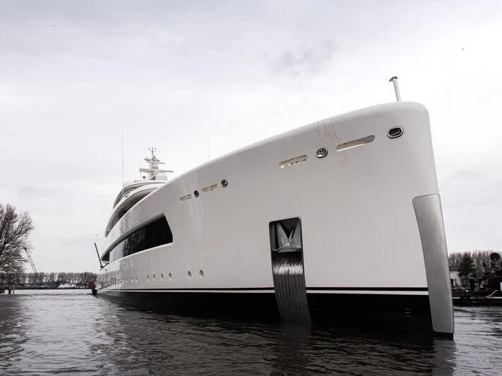 a white yacht in the water aboard SIBELLE Yacht for Sale