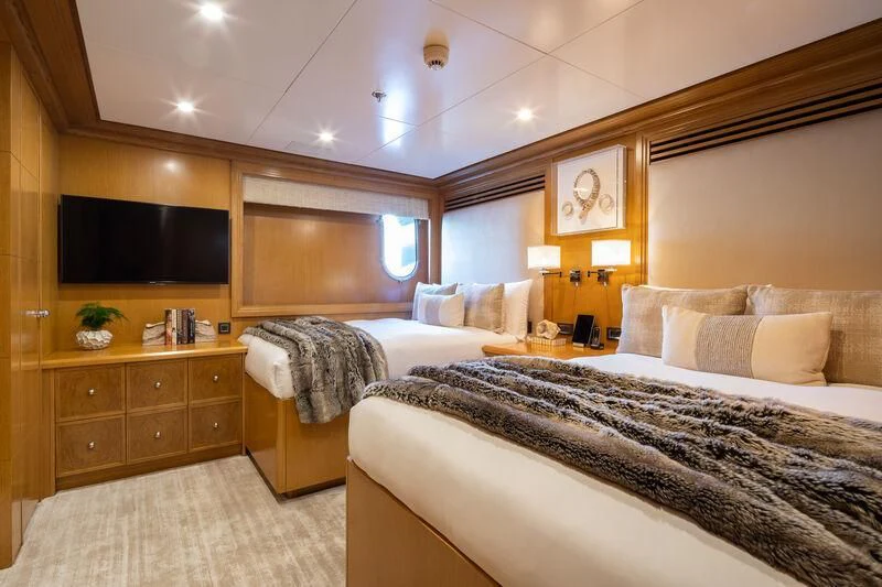 a room with two beds aboard TREEHOUSE Yacht for Sale