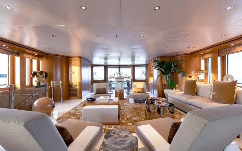 a living room with a large open floor plan aboard TREEHOUSE Yacht for Sale