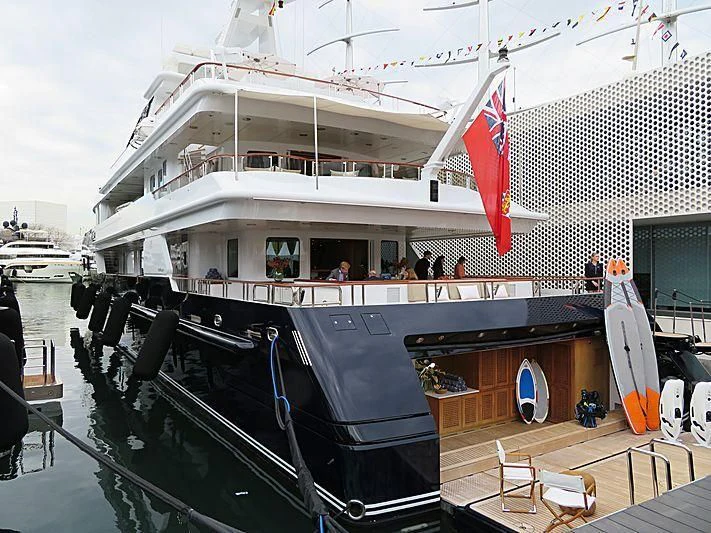 a boat docked at a pier aboard TREEHOUSE Yacht for Sale