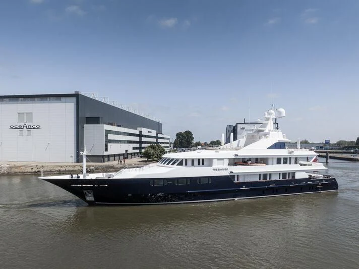 a boat in a harbor aboard TREEHOUSE Yacht for Sale