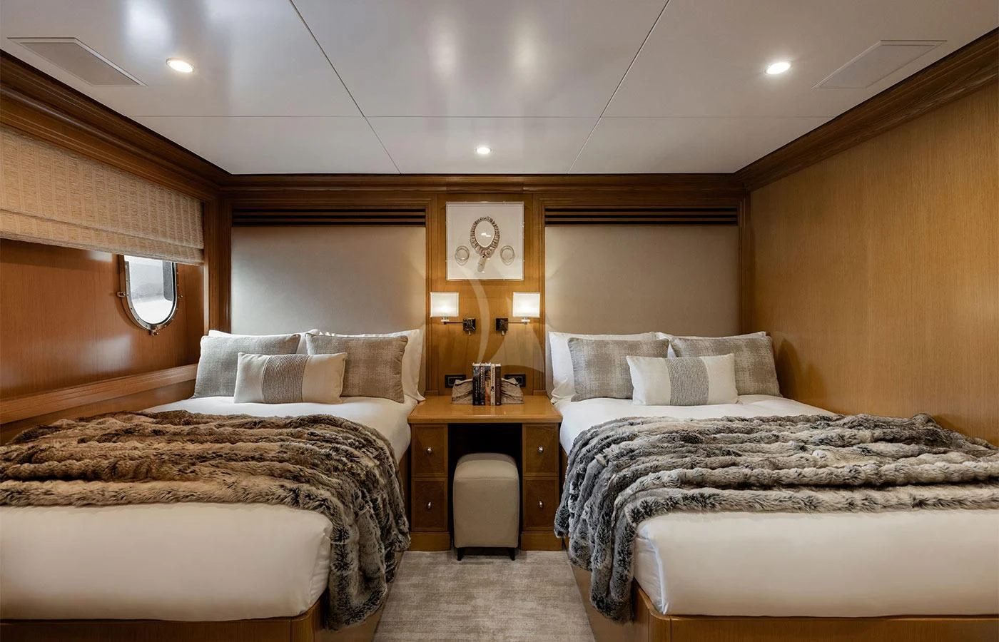 a room with two beds aboard TREEHOUSE Yacht for Sale