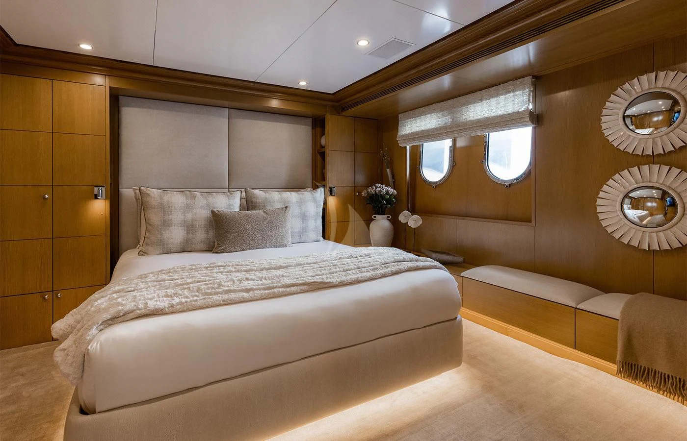 a bed in a room aboard TREEHOUSE Yacht for Sale