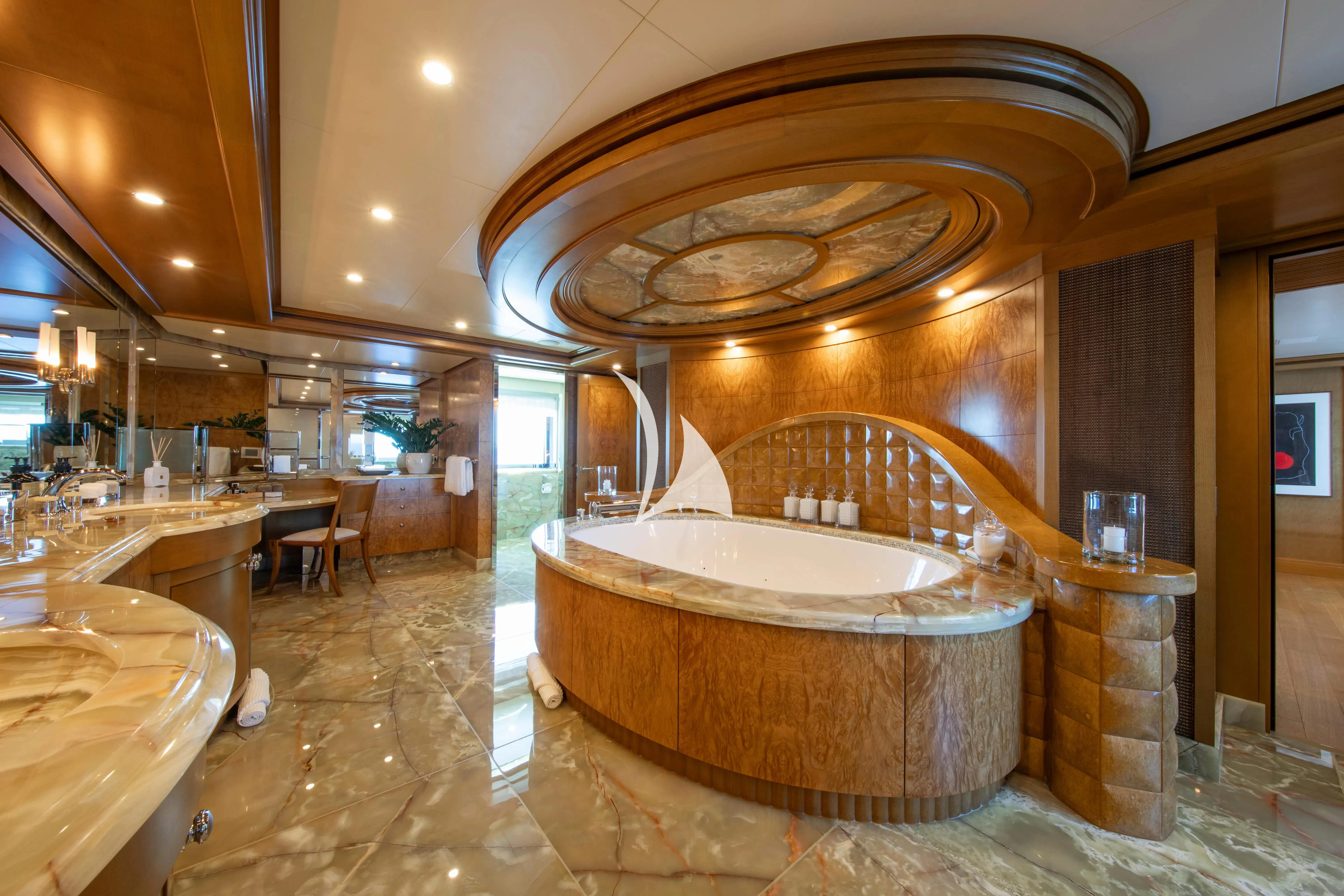 a large bathroom with a large jacuzzi tub aboard TREEHOUSE Yacht for Sale