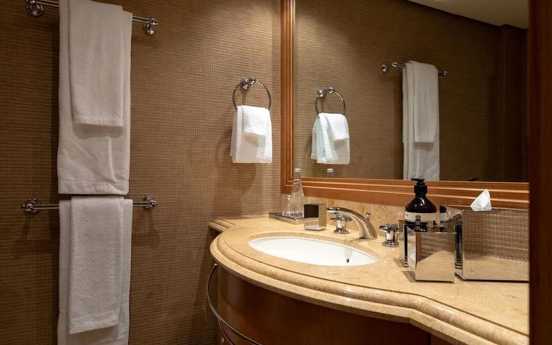 a bathroom with a sink and towels aboard TREEHOUSE Yacht for Sale