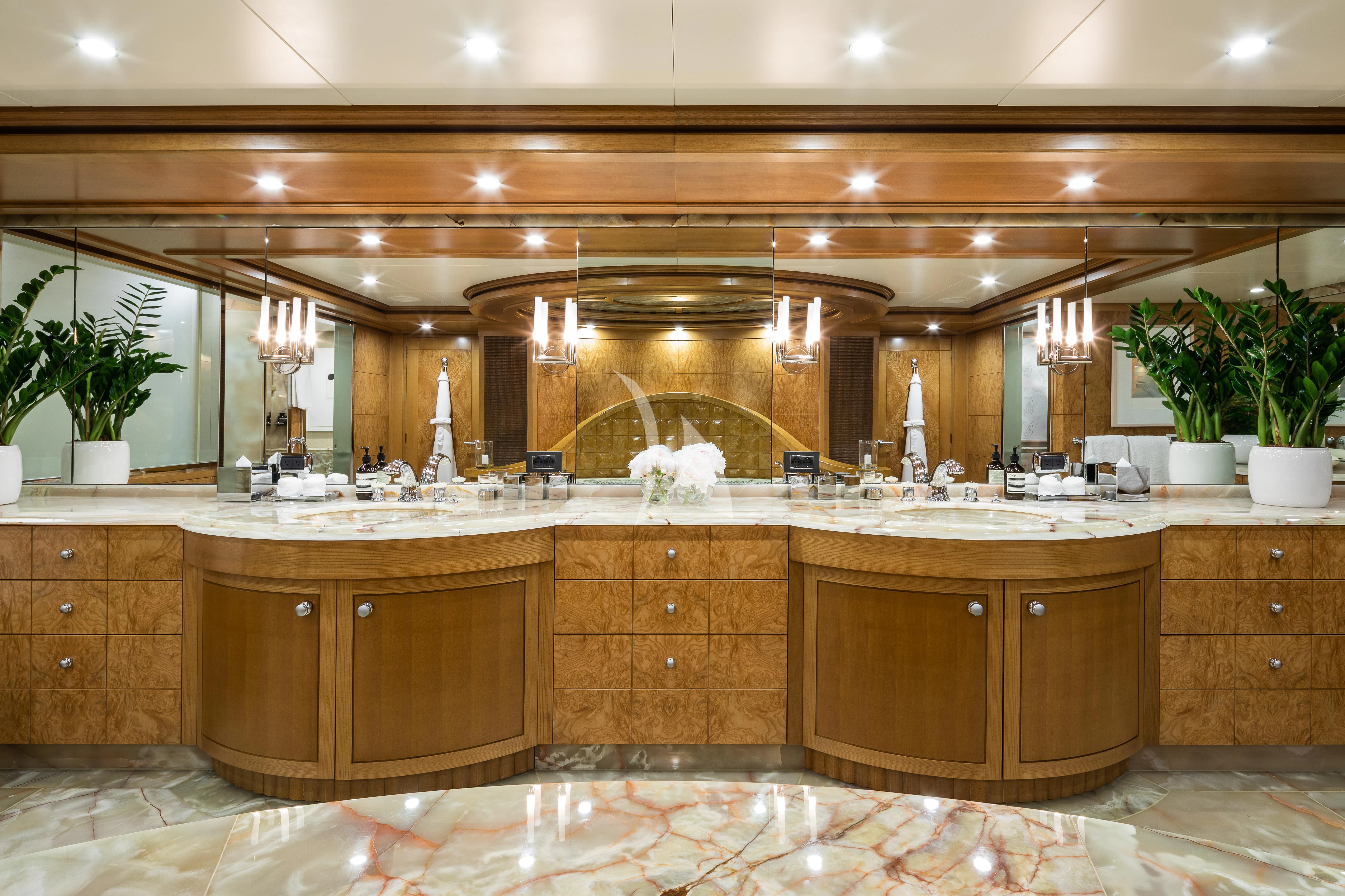 a kitchen with a large marble counter aboard TREEHOUSE Yacht for Sale