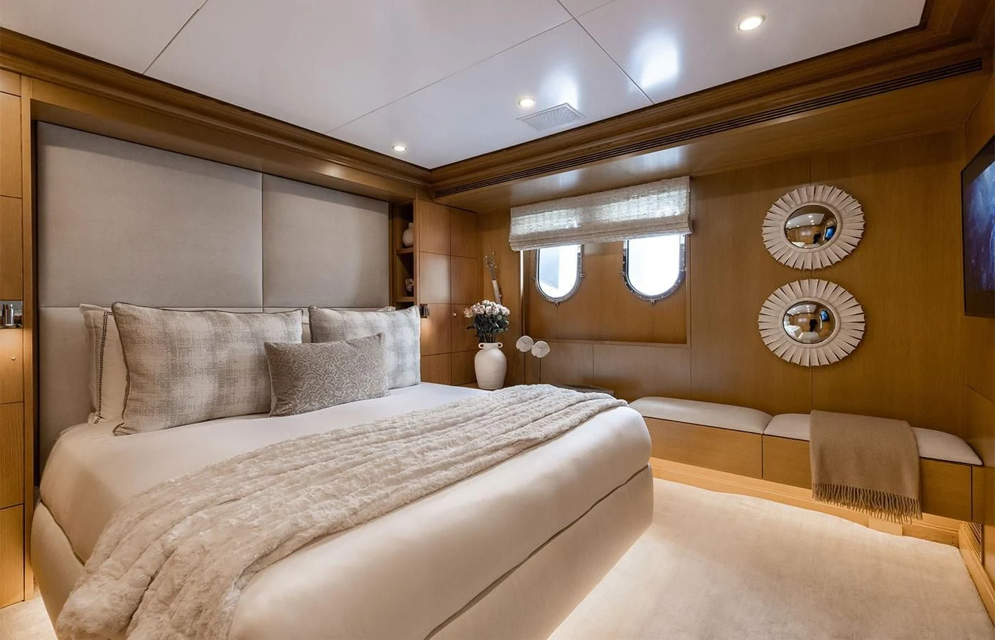 a large bed in a room aboard TREEHOUSE Yacht for Sale