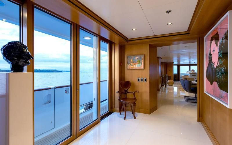 a room with a large glass door aboard TREEHOUSE Yacht for Sale