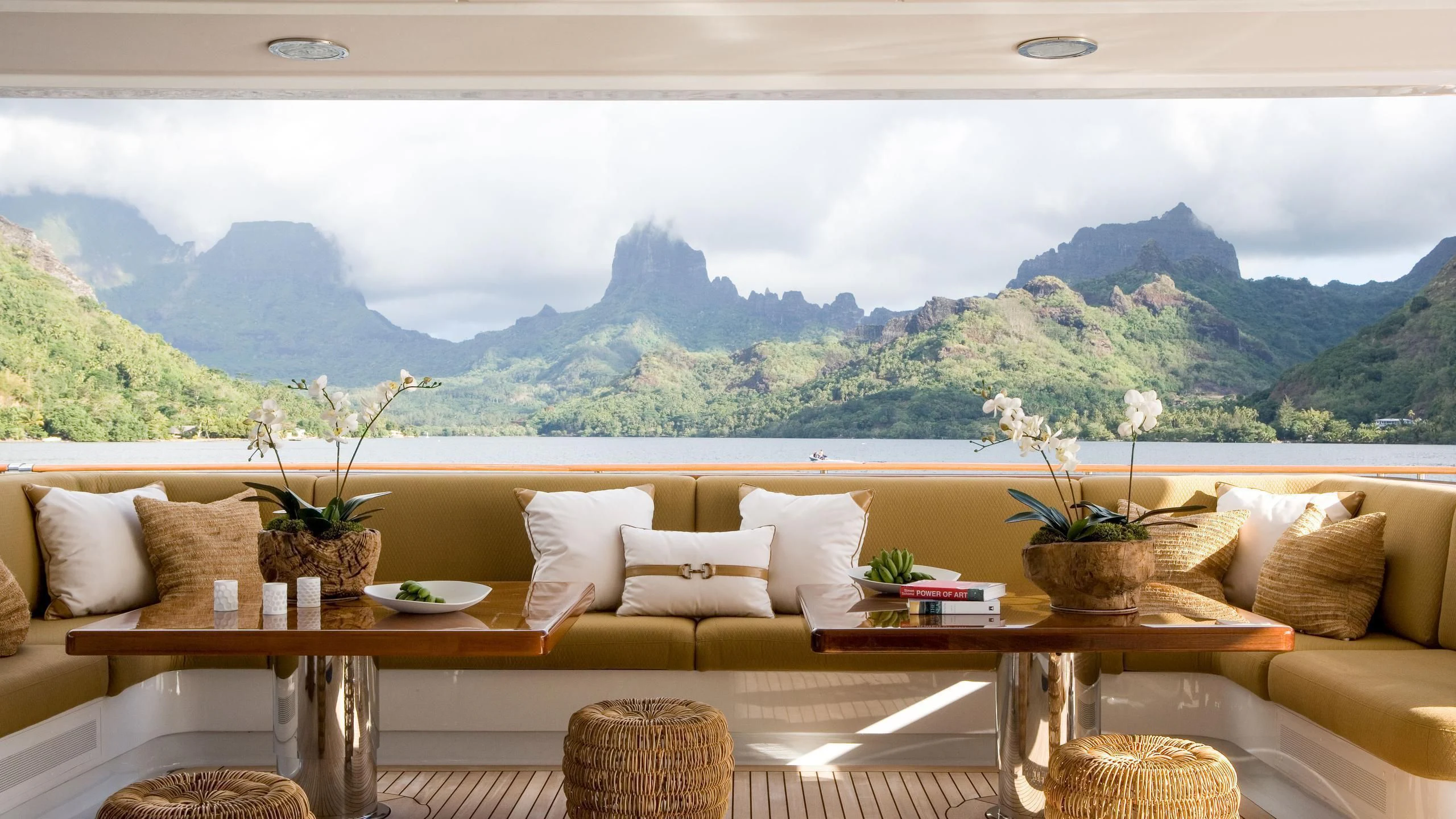 a living room with a large window aboard TREEHOUSE Yacht for Sale