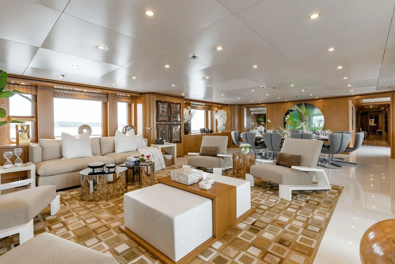 a large living room with a large open floor plan aboard TREEHOUSE Yacht for Sale